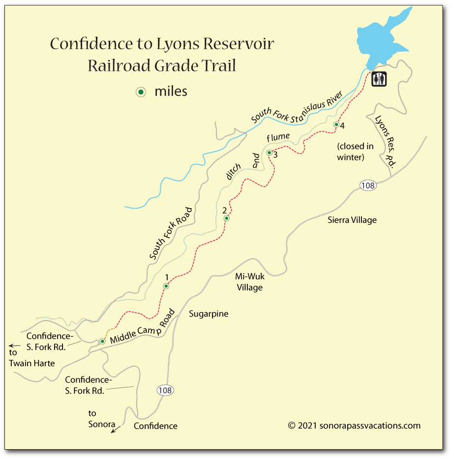 Map of the trail on the railroad grade from Twain Harte to Lyons Reservoir in Tuolumne County, CA