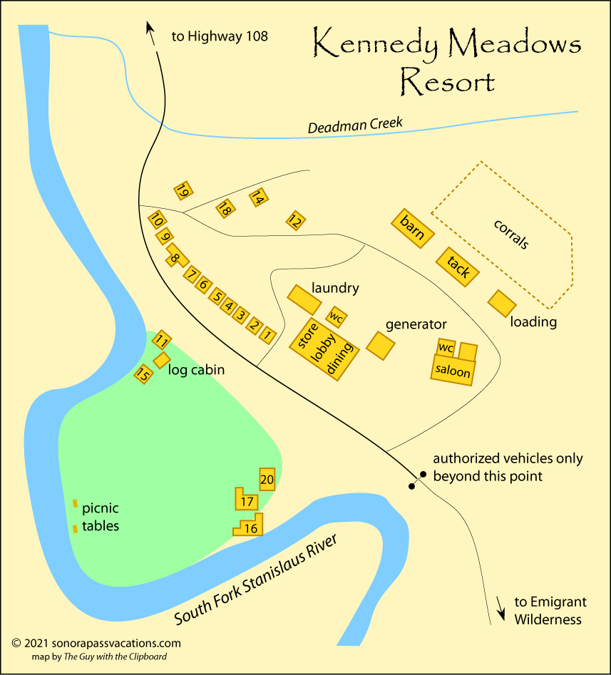 Kennedy Meadows Resort Map, Sonora Pass, Stanislaus National Forest, California