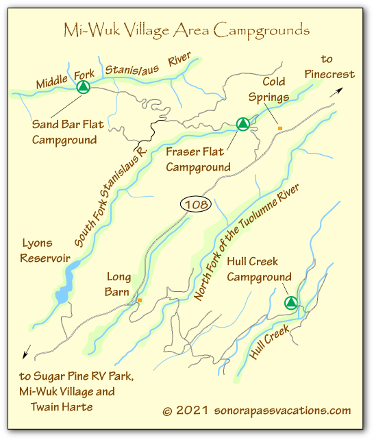 Mi-Wuk Village to Cold Springs campground map, Stanisalus National Forest, California