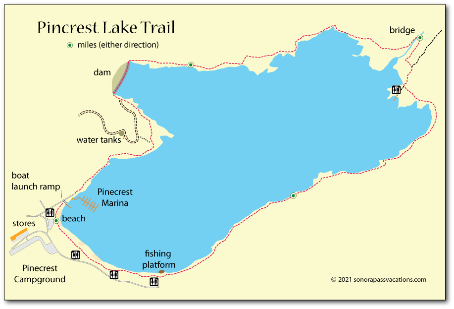 Map of the trail around Pinecrest Lake in Tuolumne County, CA