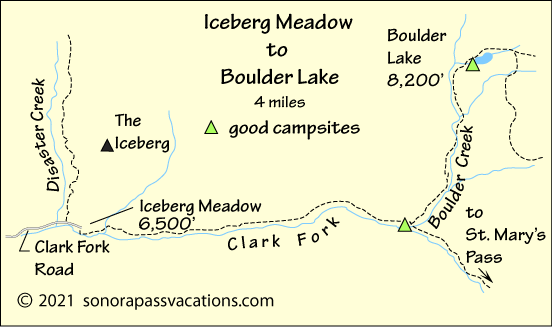 map of hike to Boulder Lake, Carson-Iceberg Wilderness, California