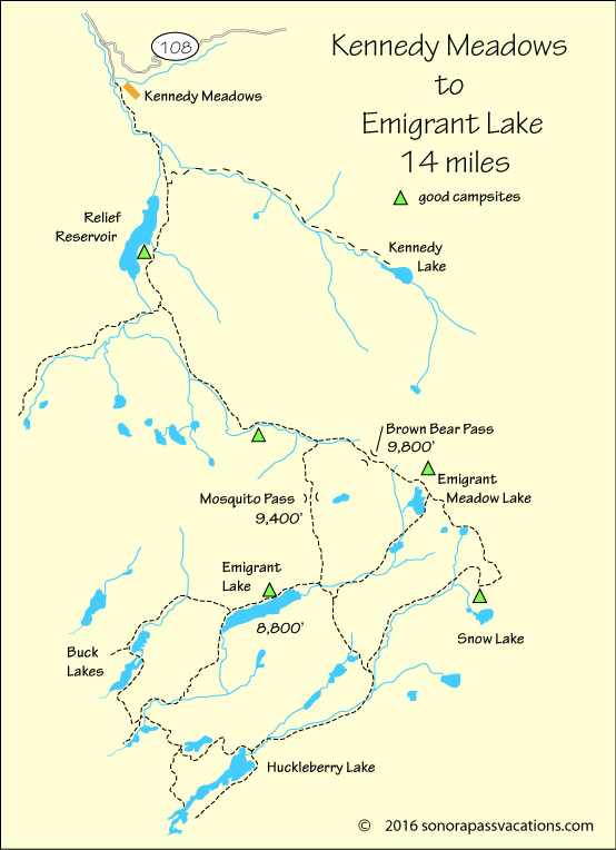 map of trail to Emigrant Lake, Emigrant Wilderness, California